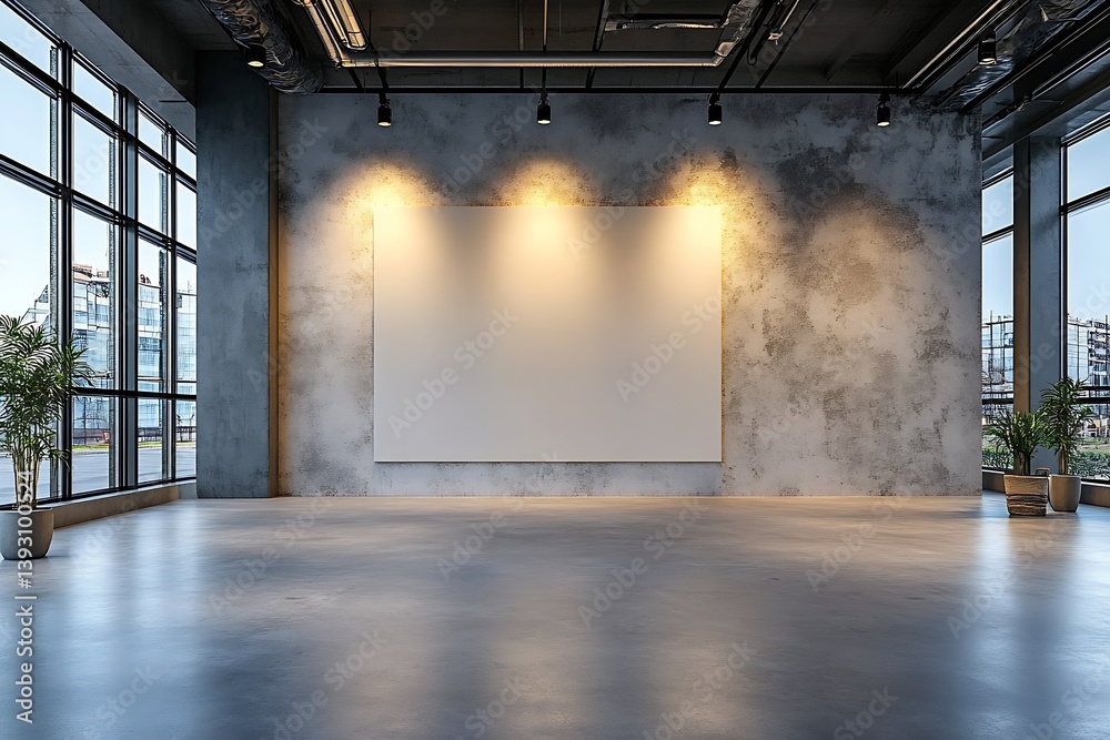 Aufkleber modern loft interior with blank white canvas minimalist open space with concrete walls and large win