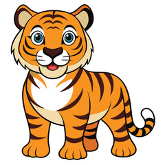 Adorable Tiger Cub Cartoon: A charming cartoon illustration of a tiger cub, standing proudly with bright blue eyes and a cheerful expression.