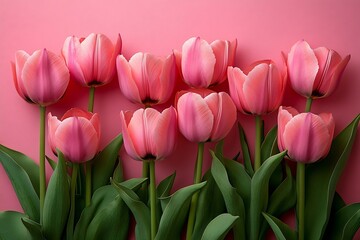 Obraz premium Elegant Pink Tulips on Pink Background Floral Arrangement Springtime Beauty Pastel Colors Romantic Mood Delicate Blooms Gift Idea : Generative AI