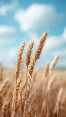 Obraz premium Golden wheat stalks sway gently under clear blue sky, capturing essence of serene summer day. vibrant scene evokes sense of peace and abundance in countryside