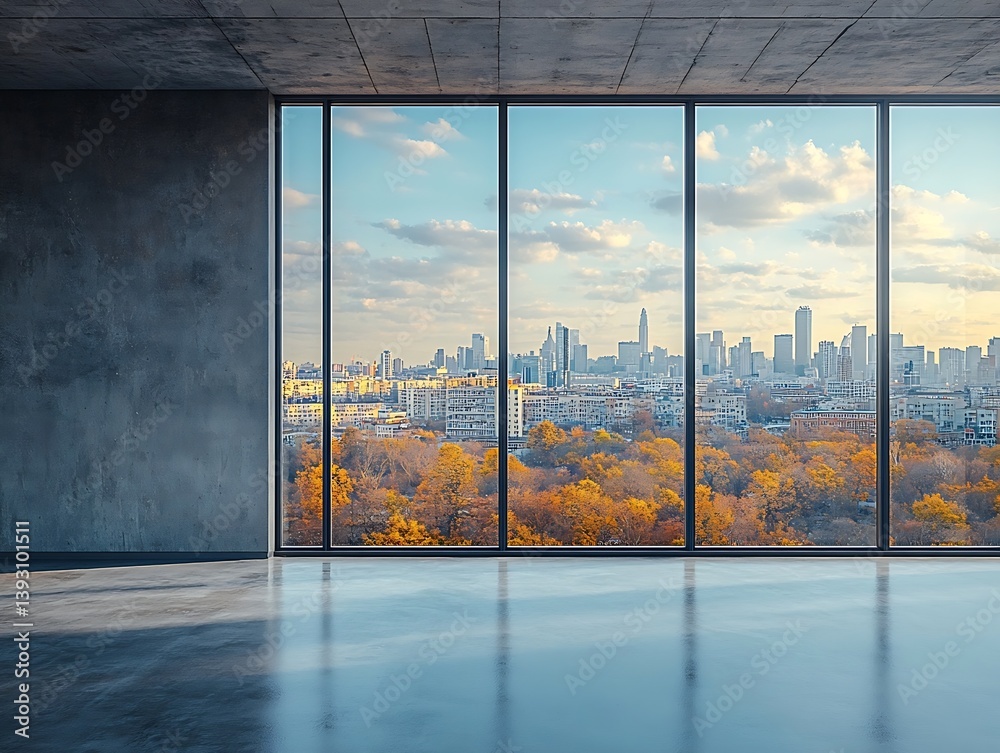Aufkleber modern office interior city view through large window empty workspace concrete walls urban architect