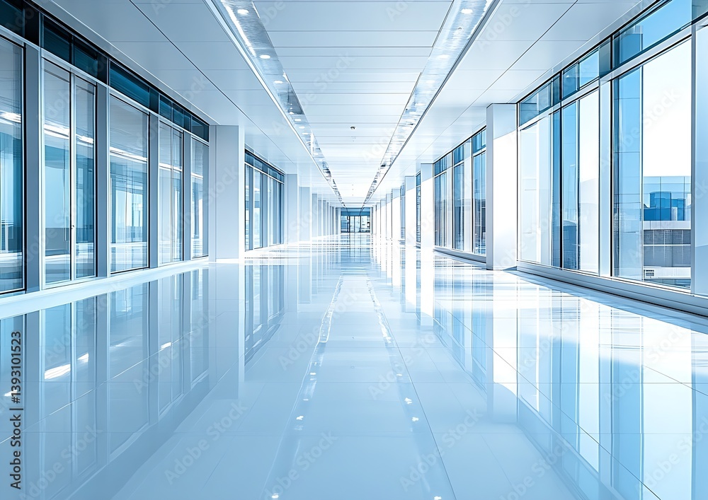Poster modern office corridor with glass walls. clean architecture business environment and corporate desig