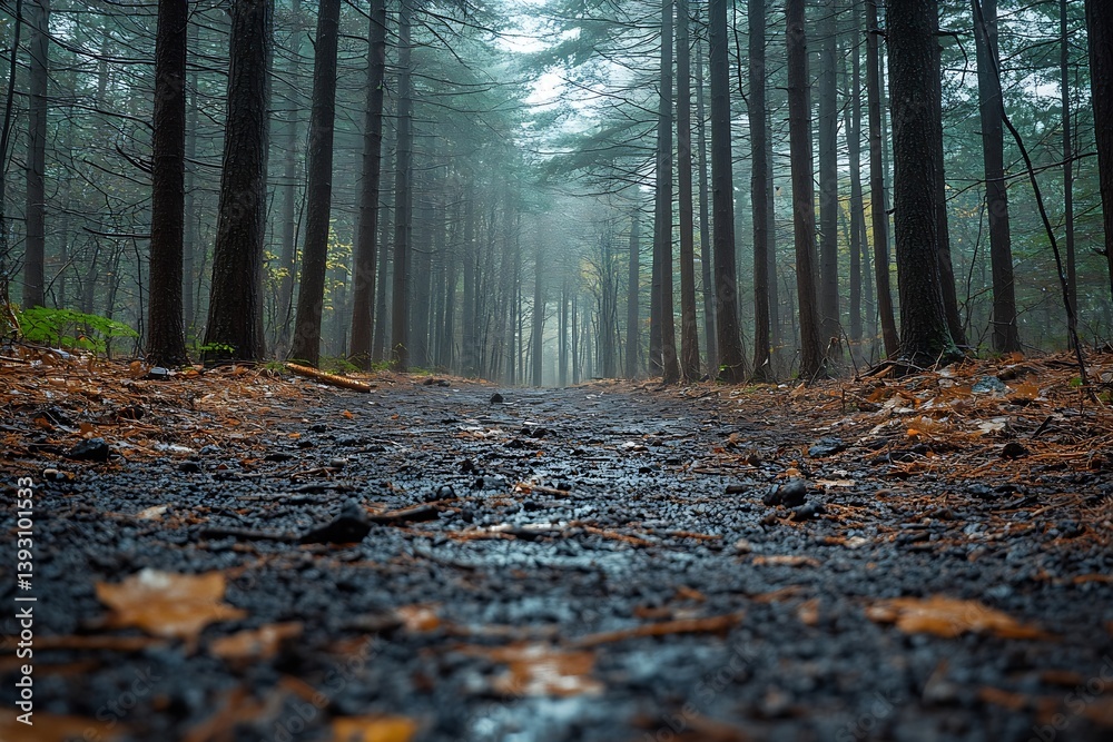 Poster mysterious forest path in foggy weather dark and moody nature photography and scenic landscape in au