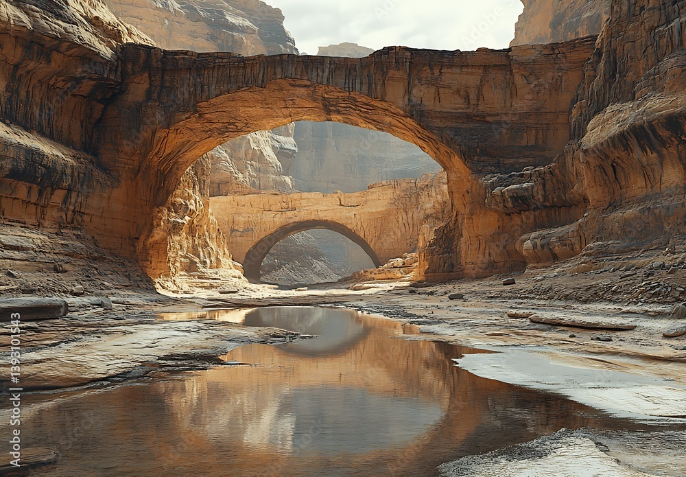 Poster majestic view of natural arches reflecting in calm waters of a river : generative ai