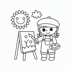 Young Girl Artist in Beret and Overalls – Black and White Smiling Sun Line Drawing, Coloring Book for kid's Vector art Illustration.