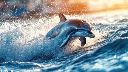 Dolphin Leaping Above Ocean Waves at Sunset in Vibrant Colors