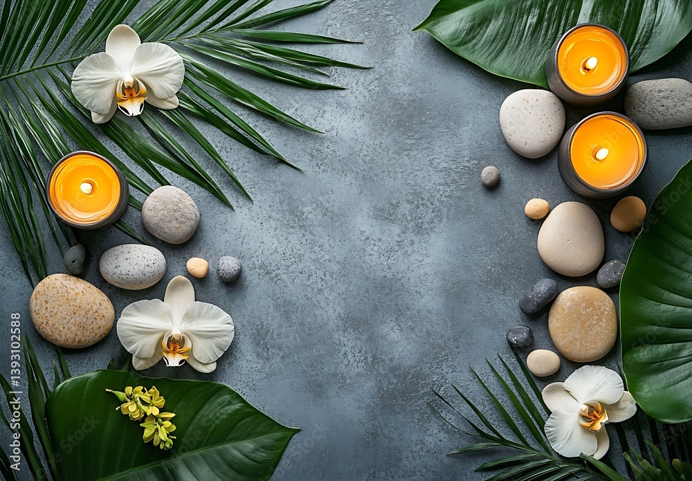 Aufkleber Serene Spa Still Life with Orchids Candles and Stones Arranged on a Gray Background for Wellness and Relaxation : Generative AI