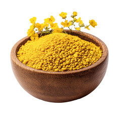 Yellow powder in wooden bowl with yellow flowers