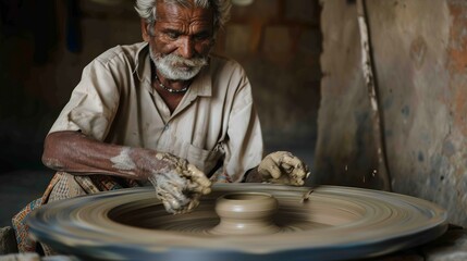 Man is making pottery in a workshop