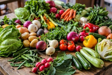 Fresh Organic Vegetables On Wooden Table Abundance Of Healthy Produce