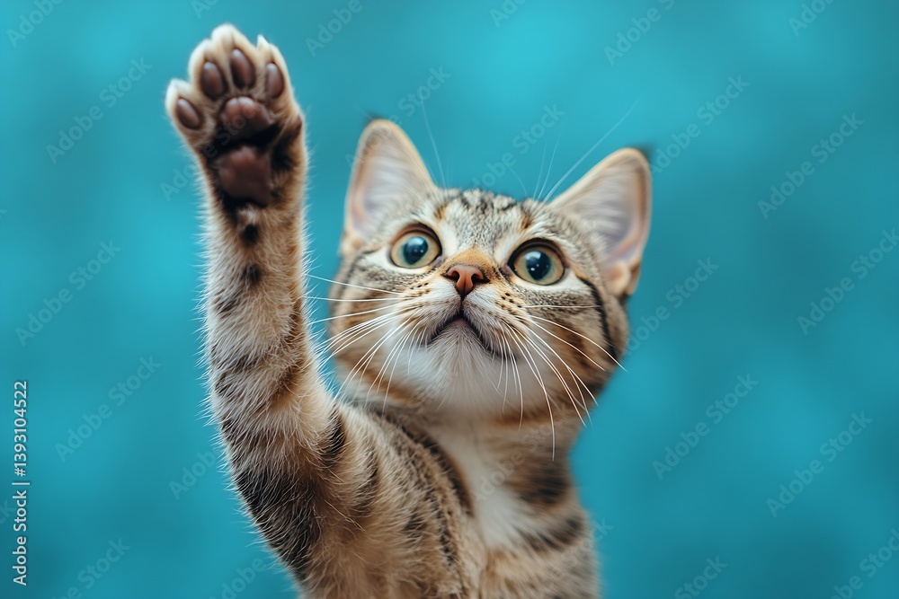 Poster adorable tabby cat reaching up with paw blue background cute pet portrait with whiskers and playful 