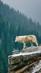 Fototapeta premium Majestic White Wolf Walking on Cliffside in Serene Forest Landscape