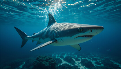 Fototapeta premium Shark Swimming in the Sea, Majestic Marine Predator, Oceanic Apex Predator, Powerful Shark in Deep Ocean, Underwater Marine Life, Ocean Explorer, Shark in Clear Blue Water
