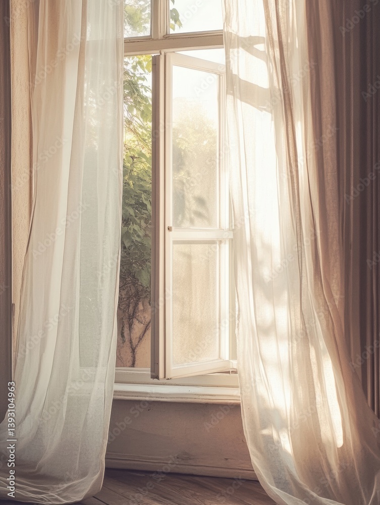 Poster delicate curtains flowing in a sunny pastel morning by an open window surrounded by greenery