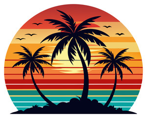 Retro Sunset Beach with Palm Trees Vector Design, Vintage Sunset SVG, Tropical Icon