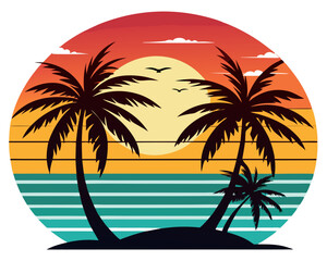 Retro Sunset Beach with Palm Trees Vector Design, Vintage Sunset SVG, Tropical Icon