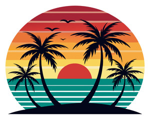 Retro Sunset Beach with Palm Trees Vector Design, Vintage Sunset SVG, Tropical Icon