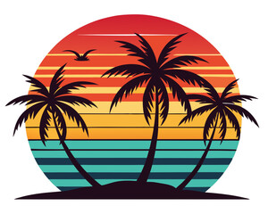 Retro Sunset Beach with Palm Trees Vector Design, Vintage Sunset SVG, Tropical Icon