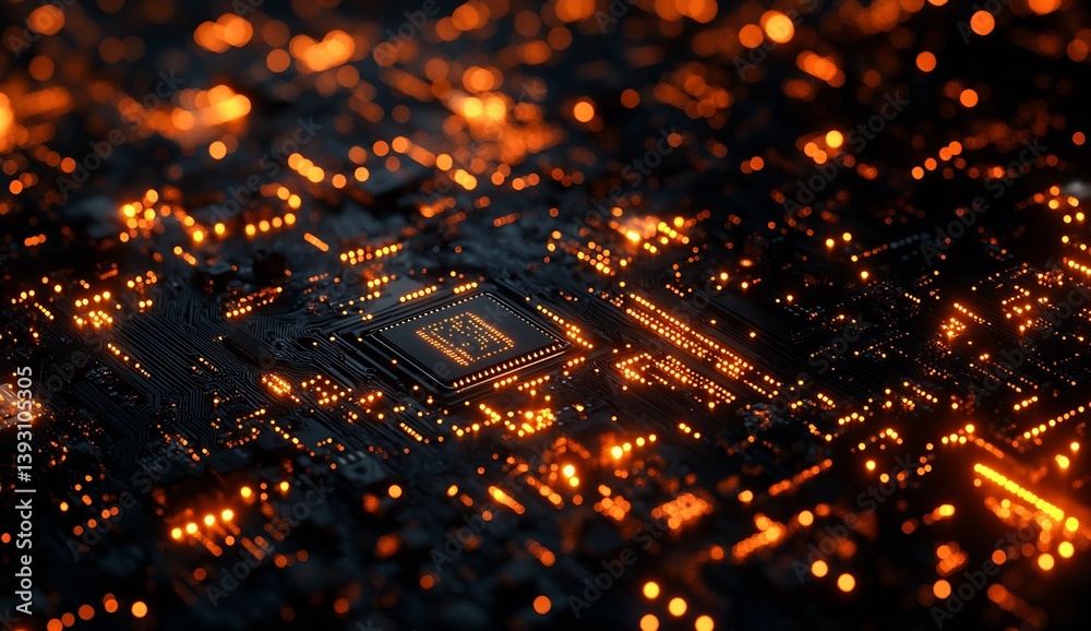 Aufkleber dramatic high definition image of a circuit board with bright orange lights highlighting microchips 
