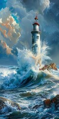 Large white lighthouse is in the middle of a rough sea with crashing waves