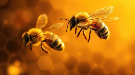 Two flying bees appear against a golden blurred honey comb backdrop