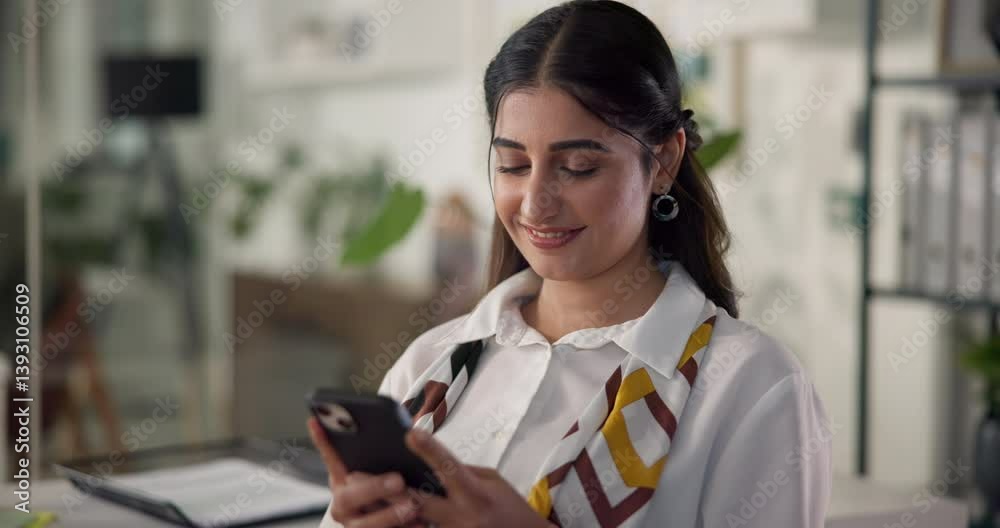 Poster woman, phone and texting in office with discussion for project management at web design company. per