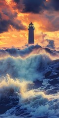 Lighthouse is in the middle of a large wave
