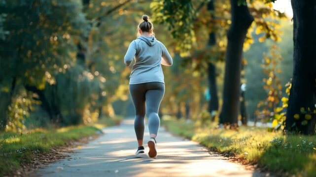 Beautiful overweight woman running outdoors in summer park. Fat lady jogging, Plus size fitness lifestyle. Weight Loss training concept. Active girl runner. Cardio sport workout. Motivation. Back view