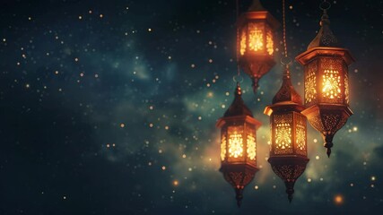 Arabic Patterned Lanterns background with night starry sky. Ramadan Kareem festival Celebration mock up with empty space for text. Beautiful mockup with blank place. Magical lamps design sample.