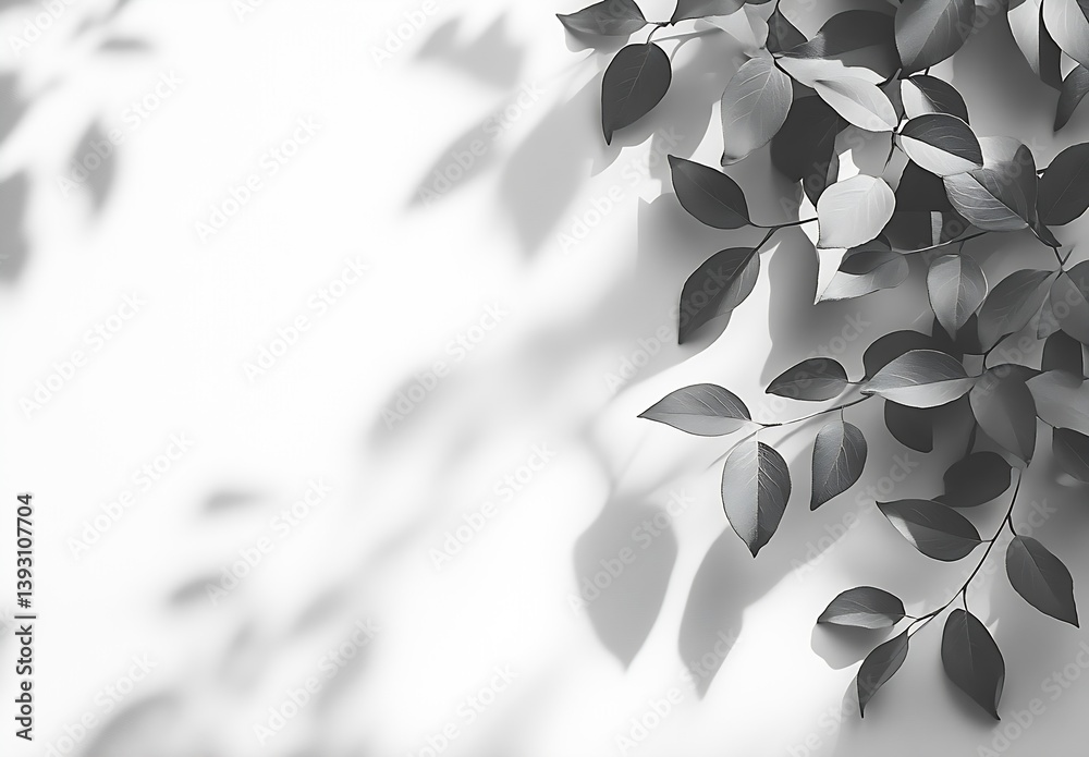 Poster elegant black and white leaves with soft shadows on a white wall minimalist nature art for backgroun