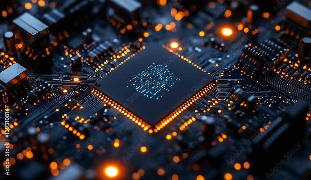 Aufkleber Detailed shot of a microchip illuminated with vibrant colors showcasing electronic circuits and complexity : Generative AI