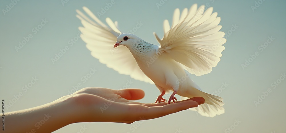 Poster stunning white dove gracefully landing on an open hand with soft light illuminating the moment : gen