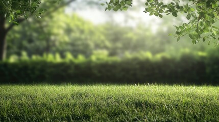 Fototapeta premium Green Grass Lawn Edge with Blurry Background of Garden and Tree