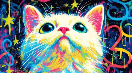 Naklejka premium Colorful Feline Portrait with Celestial Star Accents Charming Cat in Artistic Space of excellence.