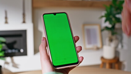 Lady finger scrolling mockup cellphone choosing online purchases at home closeup