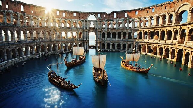 Naval battle at the Colosseum in Rome. Naumachia.