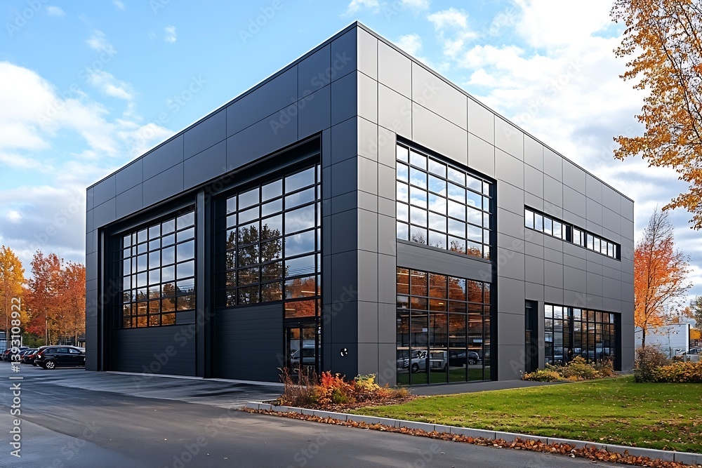 Poster Modern Black Building Exterior with Large Windows and Autumn Foliage Sleek Architectural Design : Generative AI