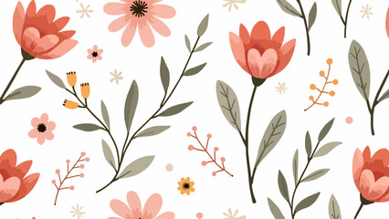Abstract seamless pattern with flowers and branches, background graphic design print vector illustration, vintage colors.