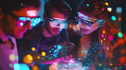 Three young programmers collaborate on a project, illuminated by vibrant neon lights and digital code overlays.