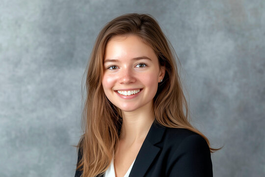 Smiling young woman in black blazer posing for professional headshot on gray background