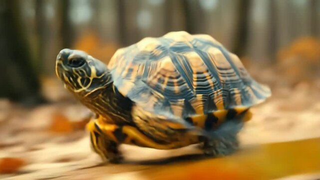 Little turtle run very fast. Speed concept. Wild reptile moving. Brown tortoise close up. Little cute pet race. Running sprint. Animal marathon. Flying funny turtle closeup.
