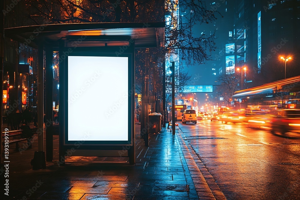 Poster urban nightscape empty billboard advertisement space in city lights and motion with car traffic buil