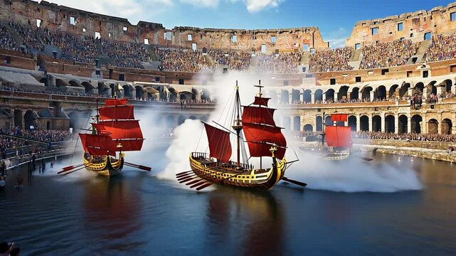 Naval battle at the Colosseum in Rome. Naumachia.