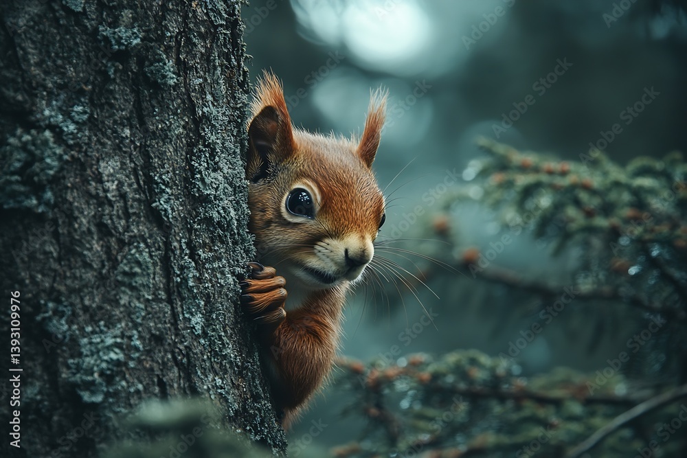 Poster Adorable Squirrel Peeking Out from Behind a Tree Trunk in a Lush Forest Wildlife Close Up : Generative AI