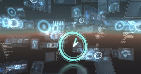 Neon digital clock ticking against multiple round scanners and data processing on blue background