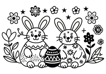 Cute Easter bunny with striped and patterned eggs on a grassy hill with 