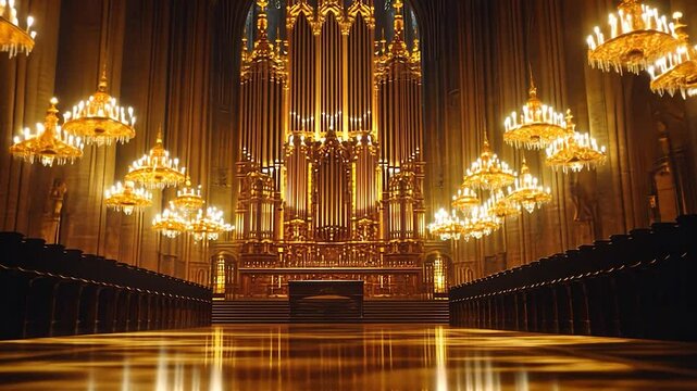 Majestic Golden Church Interior with Pipe Organ