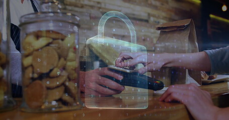 Image of network security padlock over people using payment terminal