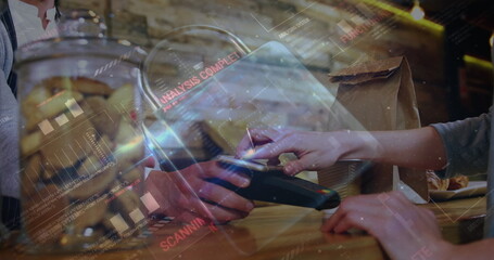 Image of network security padlock over people using payment terminal