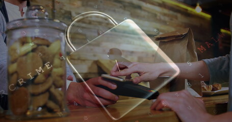 Image of network security padlock over people using payment terminal